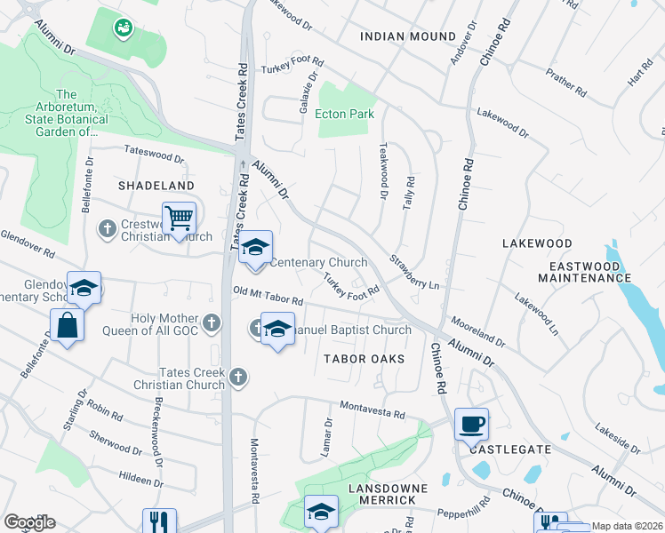 map of restaurants, bars, coffee shops, grocery stores, and more near 1120 Turkey Foot Road in Lexington