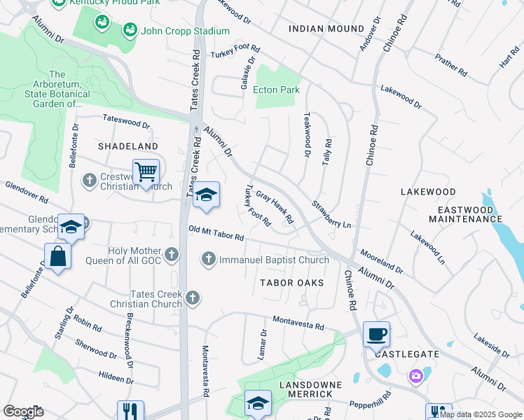 map of restaurants, bars, coffee shops, grocery stores, and more near 1120 Turkey Foot Road in Lexington