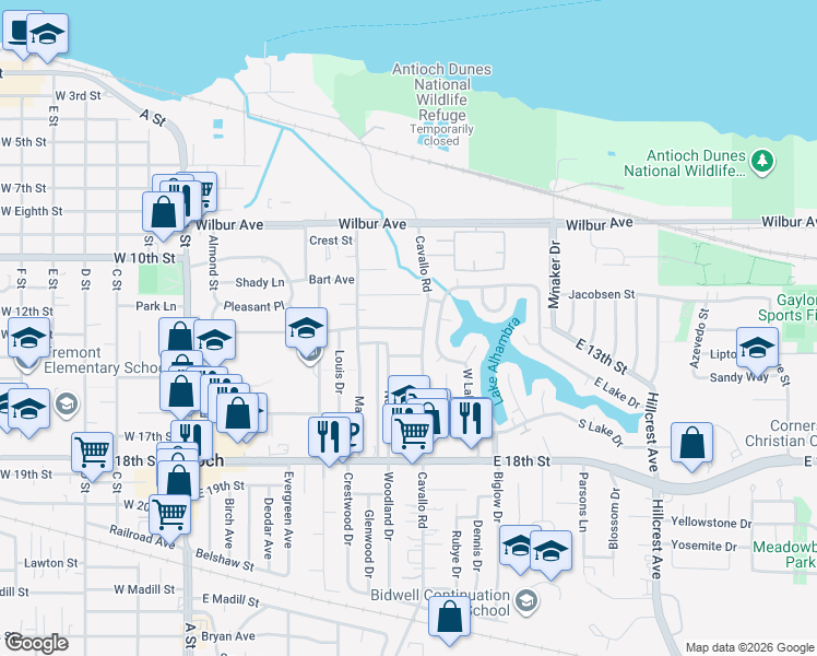 map of restaurants, bars, coffee shops, grocery stores, and more near East 13th Street in Antioch