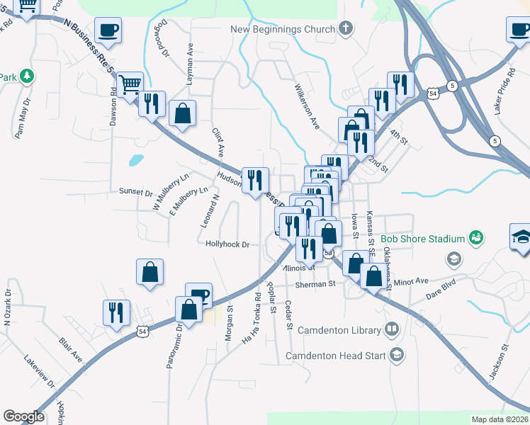 map of restaurants, bars, coffee shops, grocery stores, and more near 234 Ha Ha Tonka Cut Thru in Camdenton
