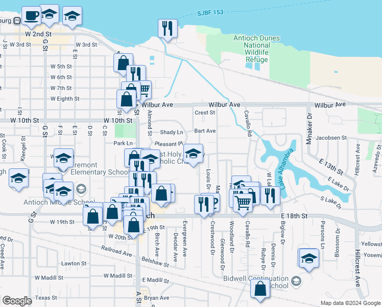 map of restaurants, bars, coffee shops, grocery stores, and more near 1213 Beverly Street in Antioch