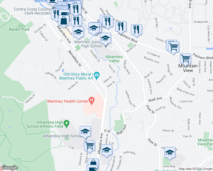 map of restaurants, bars, coffee shops, grocery stores, and more near 529 Soto Street in Martinez