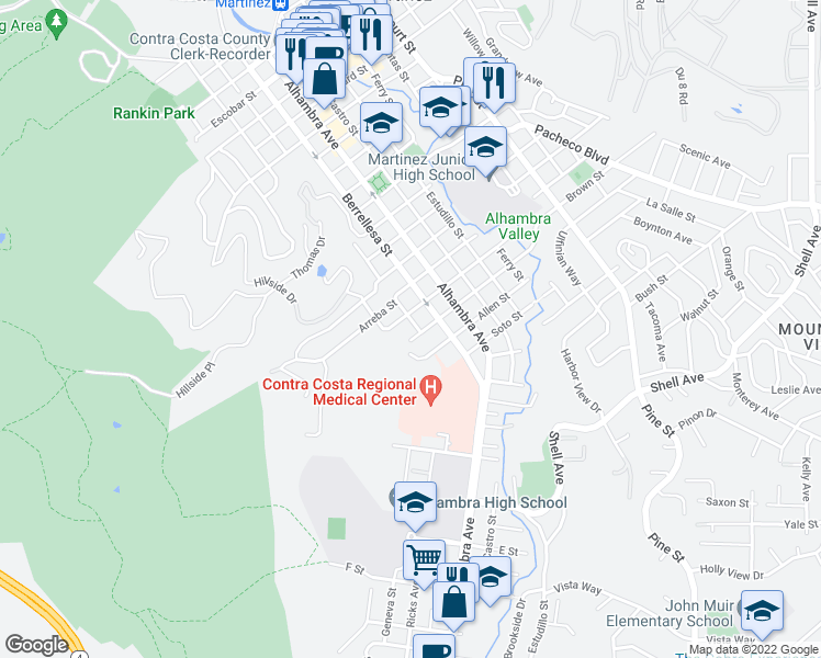map of restaurants, bars, coffee shops, grocery stores, and more near 1830 Richardson Street in Martinez
