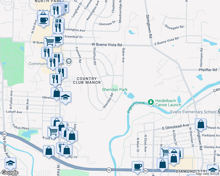 map of restaurants, bars, coffee shops, grocery stores, and more near 3216 Sheridan Road in Evansville