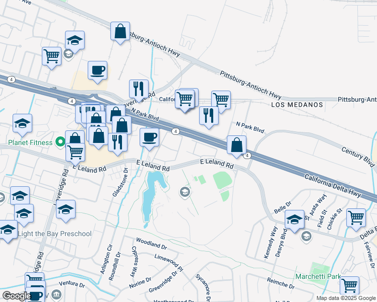 map of restaurants, bars, coffee shops, grocery stores, and more near 1175-1177 Lakeview Cir in Pittsburg