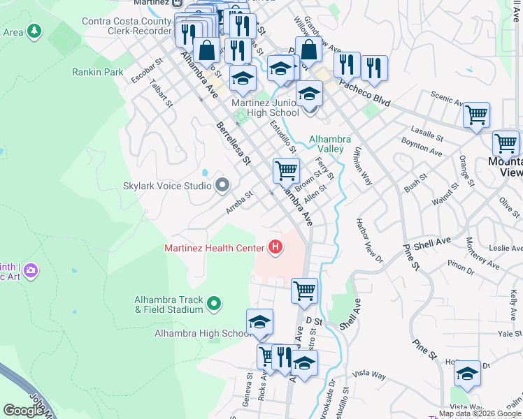 map of restaurants, bars, coffee shops, grocery stores, and more near 1830 Richardson Street in Martinez