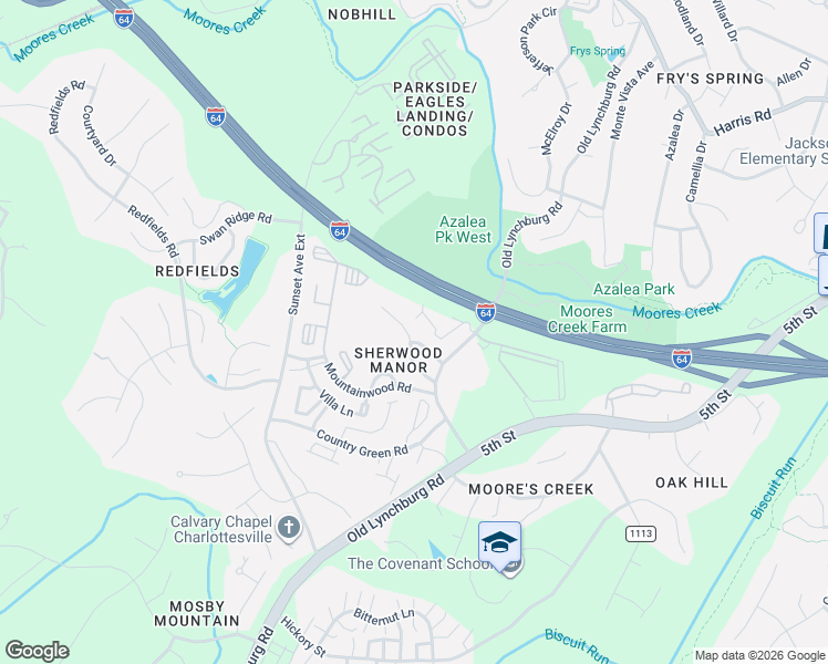 map of restaurants, bars, coffee shops, grocery stores, and more near 121 Scarborough Place in Charlottesville