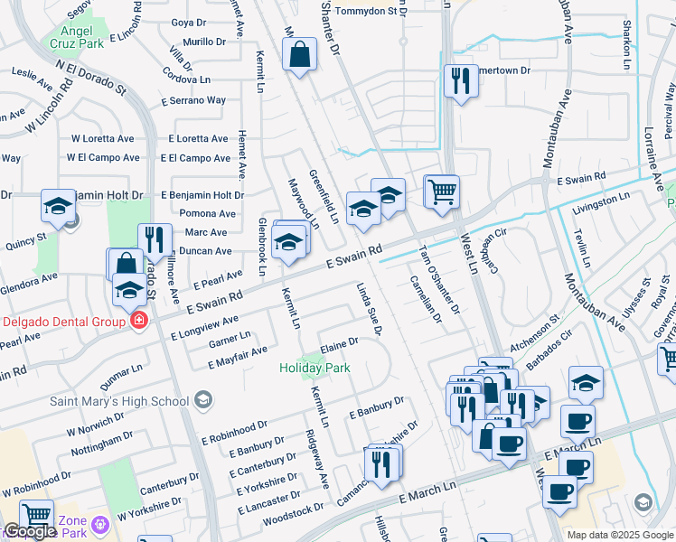 map of restaurants, bars, coffee shops, grocery stores, and more near 764 East Swain Road in Stockton