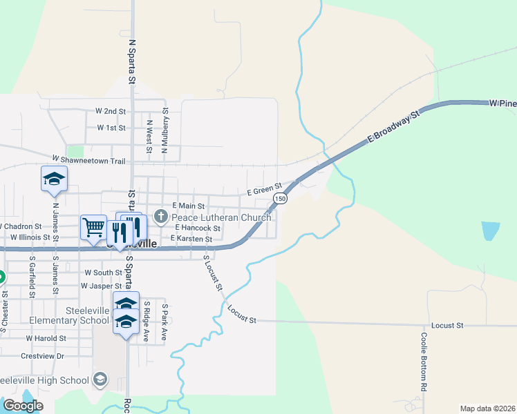 map of restaurants, bars, coffee shops, grocery stores, and more near 901 East Main Street in Steeleville