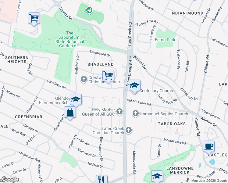 map of restaurants, bars, coffee shops, grocery stores, and more near 809 Glendover Road in Lexington