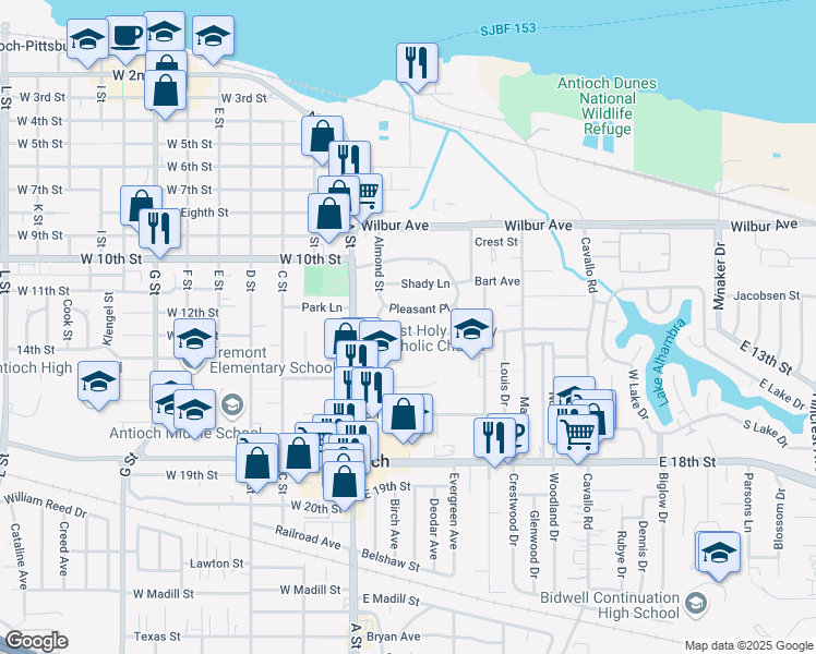map of restaurants, bars, coffee shops, grocery stores, and more near East 13th Street in Antioch