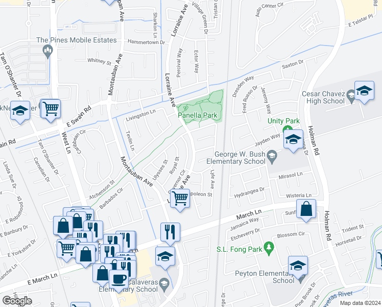 map of restaurants, bars, coffee shops, grocery stores, and more near 5527 Governor Circle in Stockton