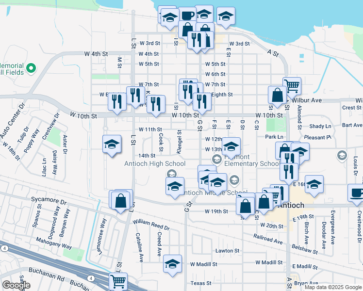 map of restaurants, bars, coffee shops, grocery stores, and more near 1129 Klengel Street in Antioch