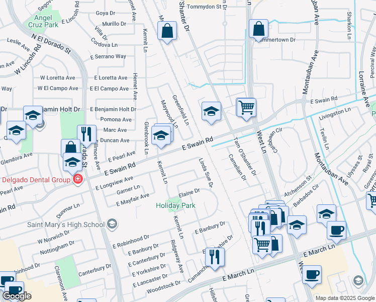 map of restaurants, bars, coffee shops, grocery stores, and more near 723 East Longview Avenue in Stockton