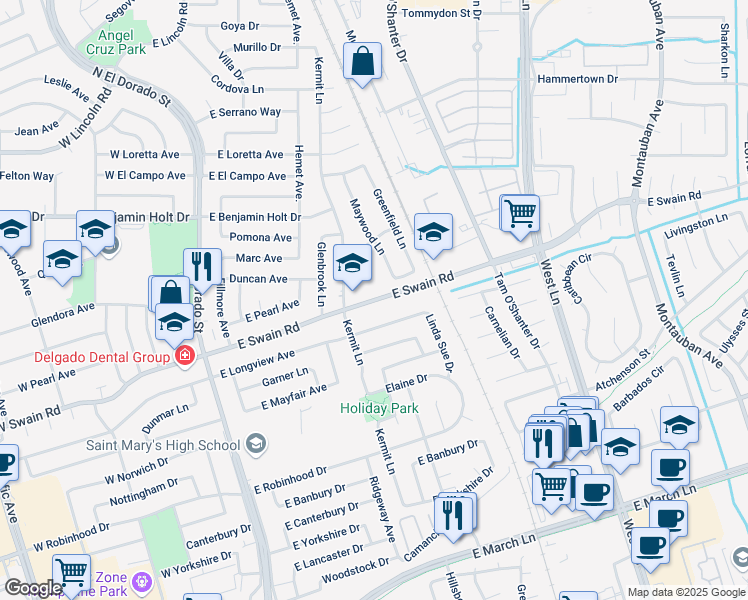 map of restaurants, bars, coffee shops, grocery stores, and more near 704 East Swain Road in Stockton