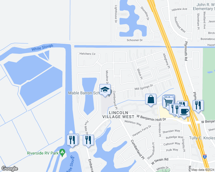 map of restaurants, bars, coffee shops, grocery stores, and more near 3934 Moultrie Drive in Stockton