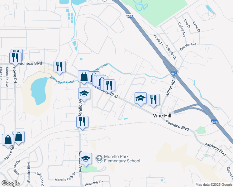 map of restaurants, bars, coffee shops, grocery stores, and more near 3910 Pacheco Boulevard in Martinez