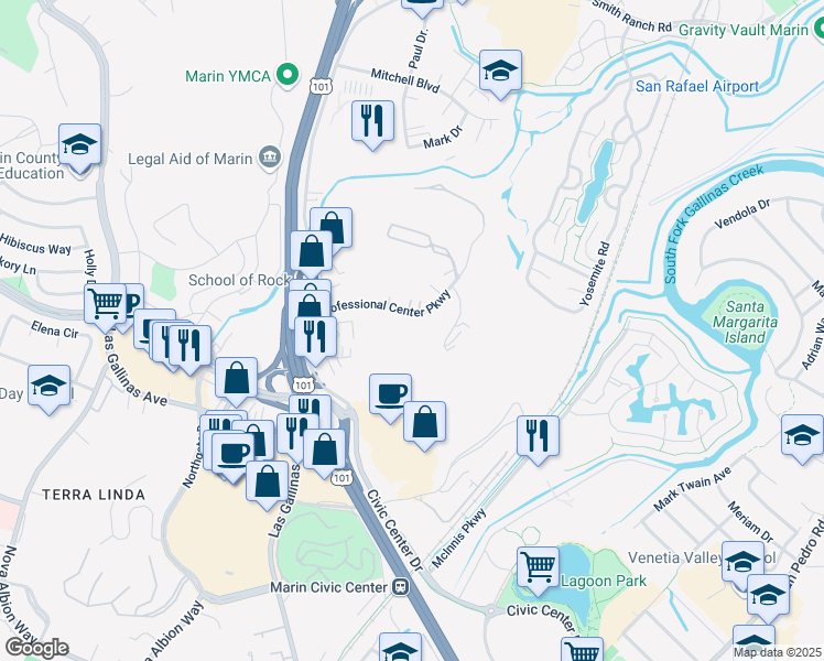 map of restaurants, bars, coffee shops, grocery stores, and more near 40 Professional Center Parkway in San Rafael