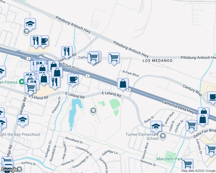map of restaurants, bars, coffee shops, grocery stores, and more near 2123 Lakeview Circle in Pittsburg