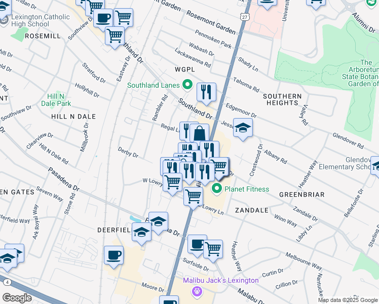 map of restaurants, bars, coffee shops, grocery stores, and more near 150 West Zandale Drive in Lexington