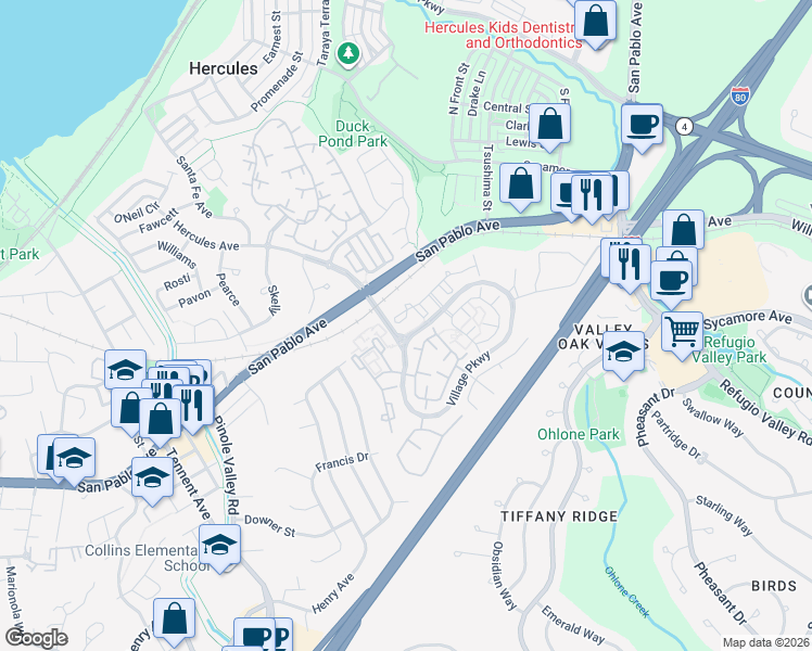 map of restaurants, bars, coffee shops, grocery stores, and more near 211 Devonwood in Hercules