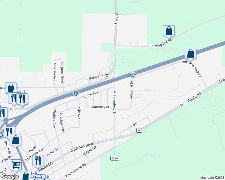 map of restaurants, bars, coffee shops, grocery stores, and more near 641 North Springfield Street in Saint James