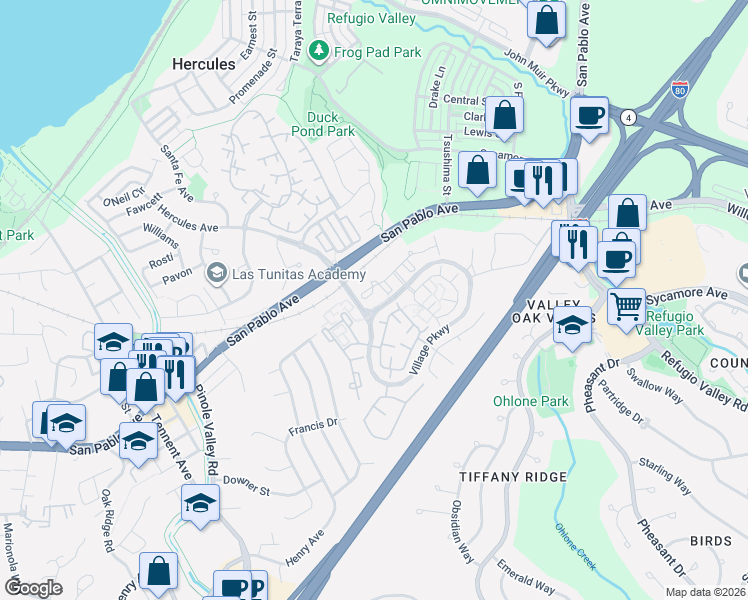 map of restaurants, bars, coffee shops, grocery stores, and more near 12 Glenwood in Hercules