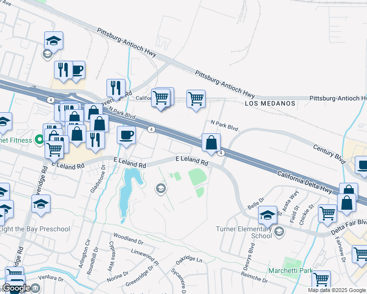 map of restaurants, bars, coffee shops, grocery stores, and more near 2131 Lakeview Circle in Pittsburg