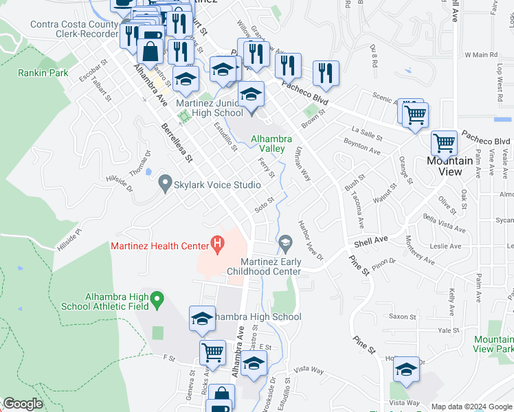 map of restaurants, bars, coffee shops, grocery stores, and more near 2030 Castro Street in Martinez
