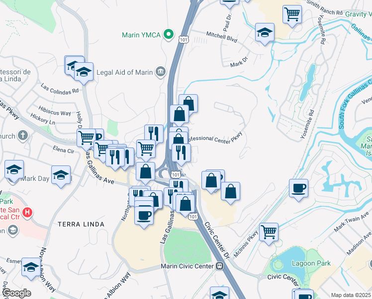 map of restaurants, bars, coffee shops, grocery stores, and more near 4100 Redwood Highway in San Rafael