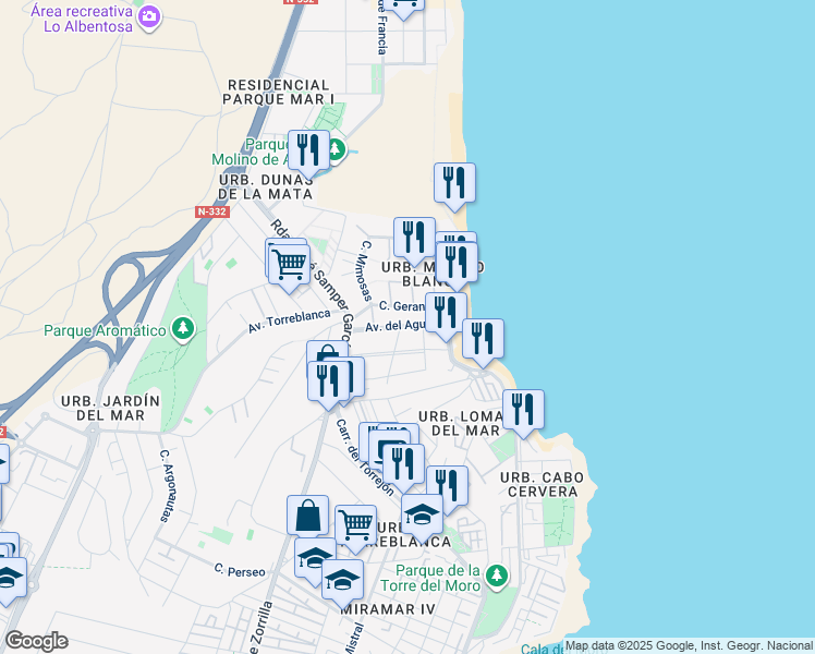 map of restaurants, bars, coffee shops, grocery stores, and more near Avenida del Agua in Torrevieja