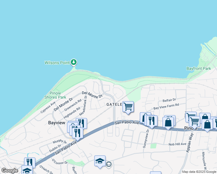 map of restaurants, bars, coffee shops, grocery stores, and more near 303 Del Monte Way in Pinole