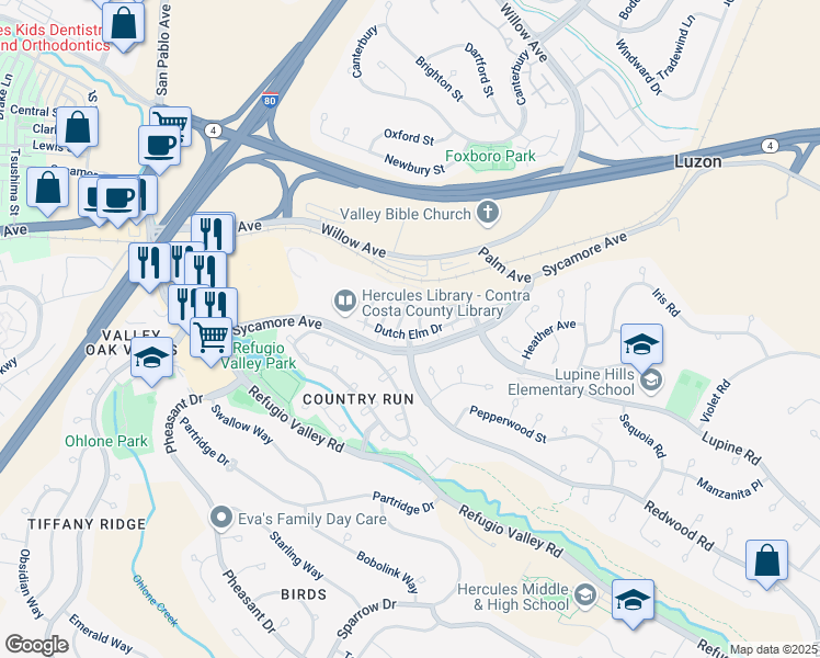 map of restaurants, bars, coffee shops, grocery stores, and more near 527 Dutch Elm Drive in Hercules