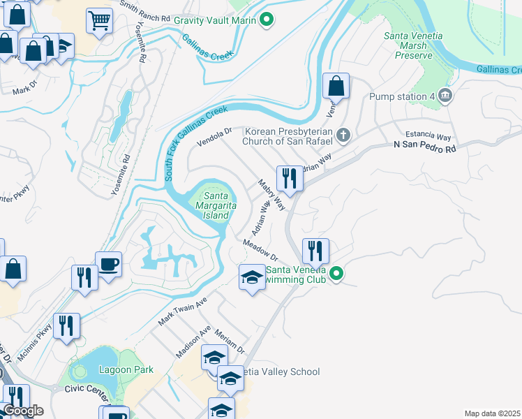 map of restaurants, bars, coffee shops, grocery stores, and more near 16 Adrian Way in San Rafael