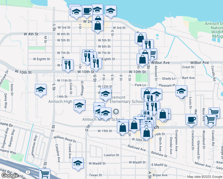 map of restaurants, bars, coffee shops, grocery stores, and more near 1204 E Street in Antioch