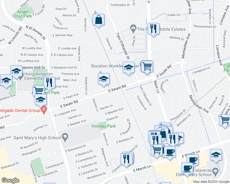 map of restaurants, bars, coffee shops, grocery stores, and more near 824 East Longview Avenue in Stockton