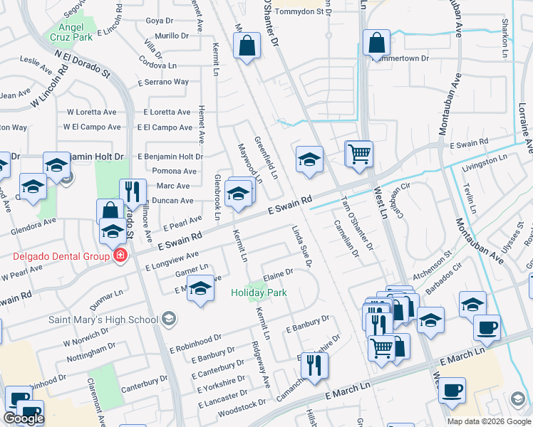 map of restaurants, bars, coffee shops, grocery stores, and more near 723 East Longview Avenue in Stockton