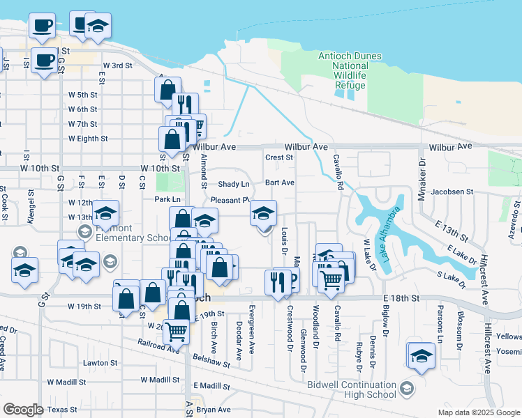 map of restaurants, bars, coffee shops, grocery stores, and more near 1213 Beverly Street in Antioch