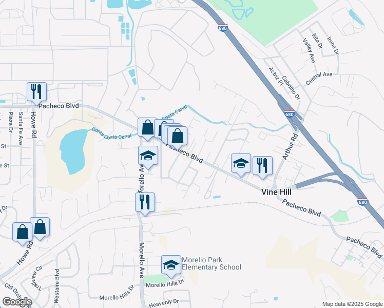 map of restaurants, bars, coffee shops, grocery stores, and more near 3910 Pacheco Boulevard in Martinez
