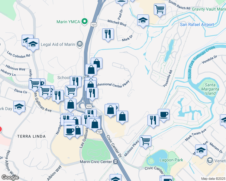 map of restaurants, bars, coffee shops, grocery stores, and more near 40 Professional Center Parkway in San Rafael