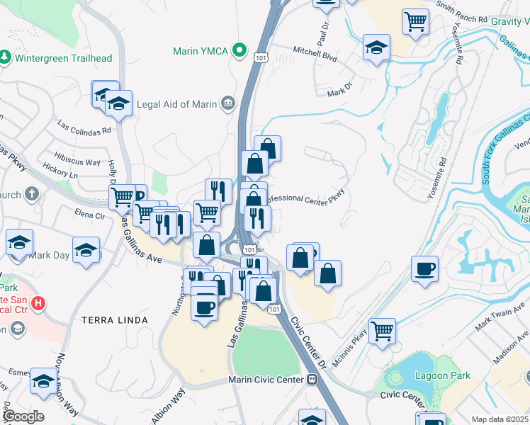 map of restaurants, bars, coffee shops, grocery stores, and more near 4100 Redwood Highway in San Rafael