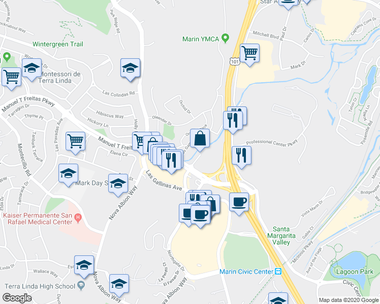 map of restaurants, bars, coffee shops, grocery stores, and more near in San Rafael