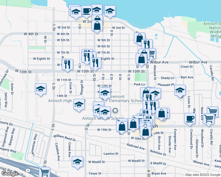 map of restaurants, bars, coffee shops, grocery stores, and more near 1202 E Street in Antioch