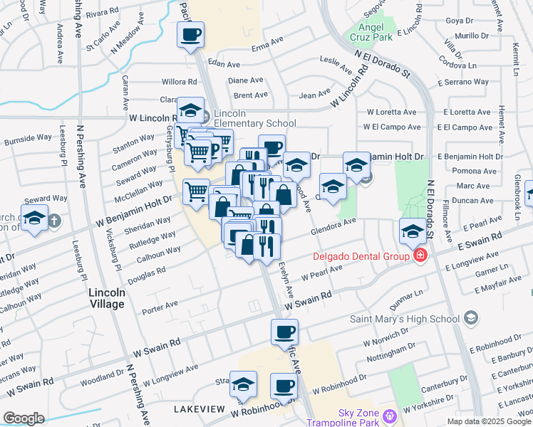 map of restaurants, bars, coffee shops, grocery stores, and more near 6360 Evelyn Avenue in Stockton