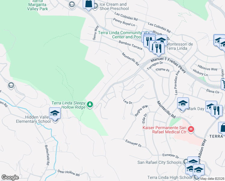 map of restaurants, bars, coffee shops, grocery stores, and more near 223 Sylvia Way in San Rafael