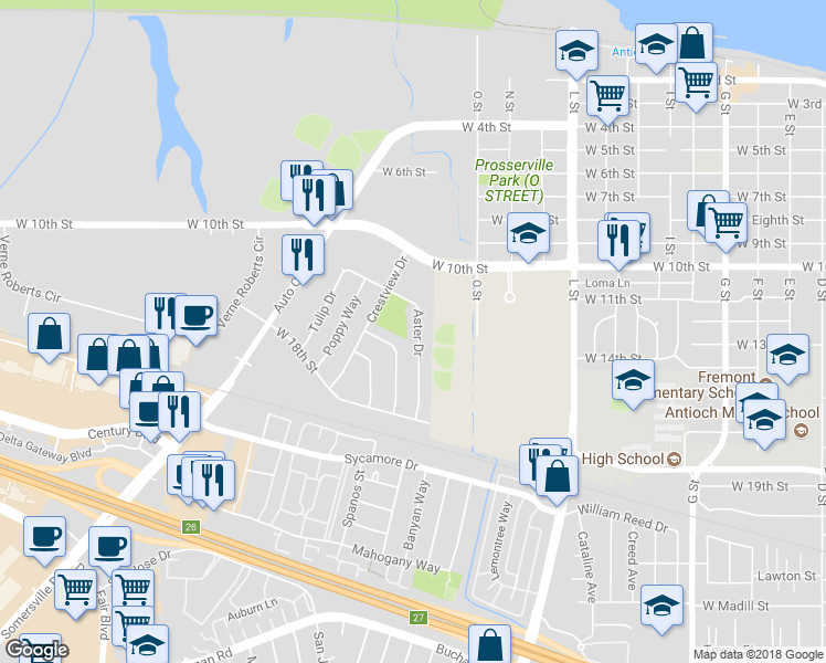 map of restaurants, bars, coffee shops, grocery stores, and more near 1416 Aster Drive in Antioch