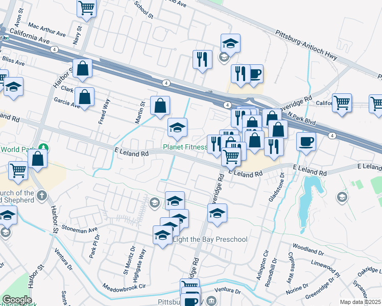 map of restaurants, bars, coffee shops, grocery stores, and more near 222 Piedmont Lane in Pittsburg