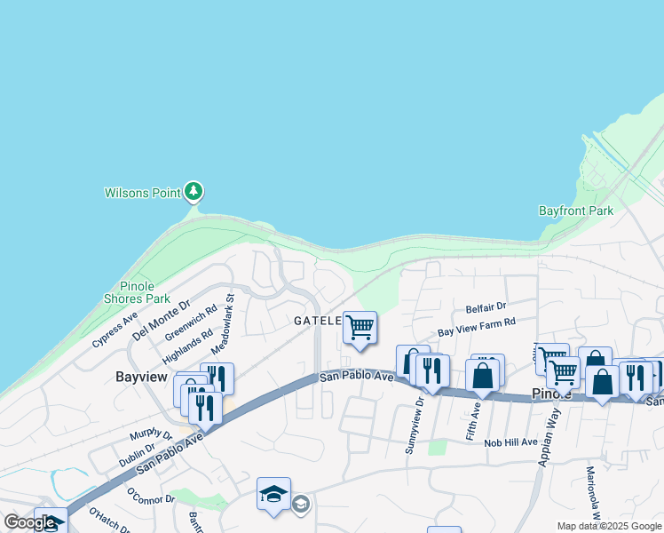 map of restaurants, bars, coffee shops, grocery stores, and more near 612 Carlotta Circle in Pinole