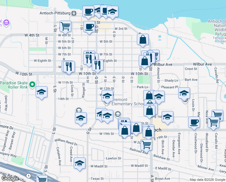 map of restaurants, bars, coffee shops, grocery stores, and more near 1200 E Street in Antioch
