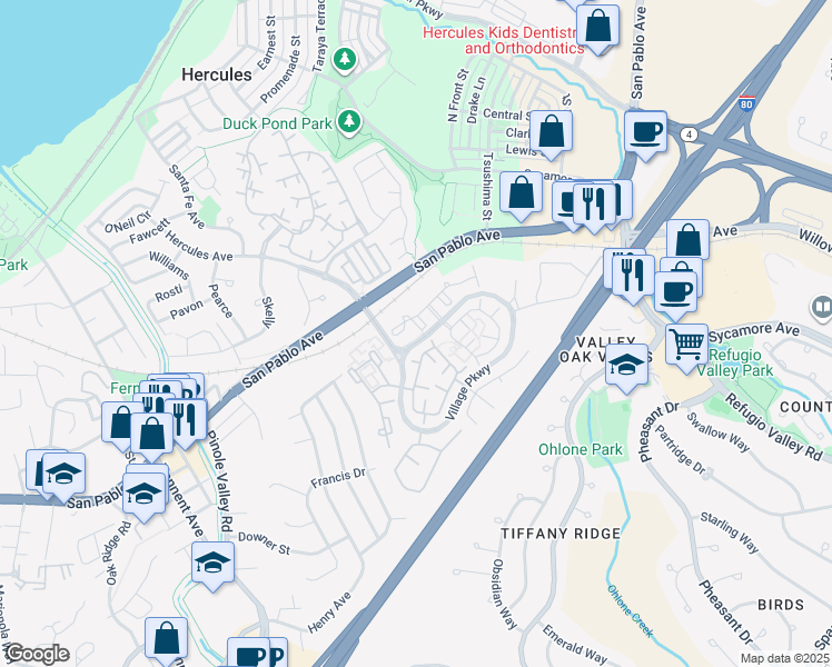 map of restaurants, bars, coffee shops, grocery stores, and more near 309 Devonwood in Hercules